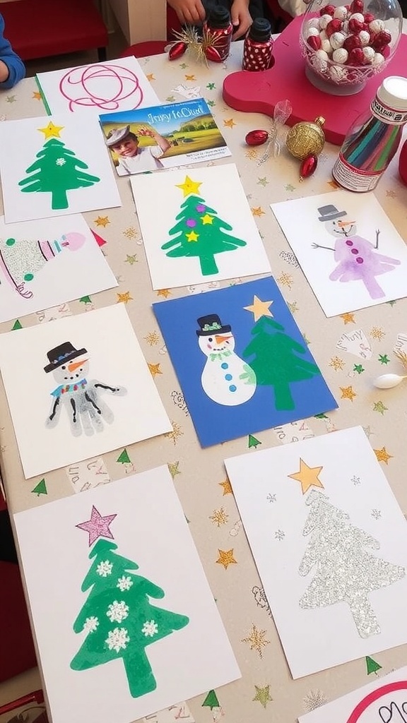 A collection of vibrant handmade Christmas cards by preschoolers, including handprint trees and snowmen, on a festive table.